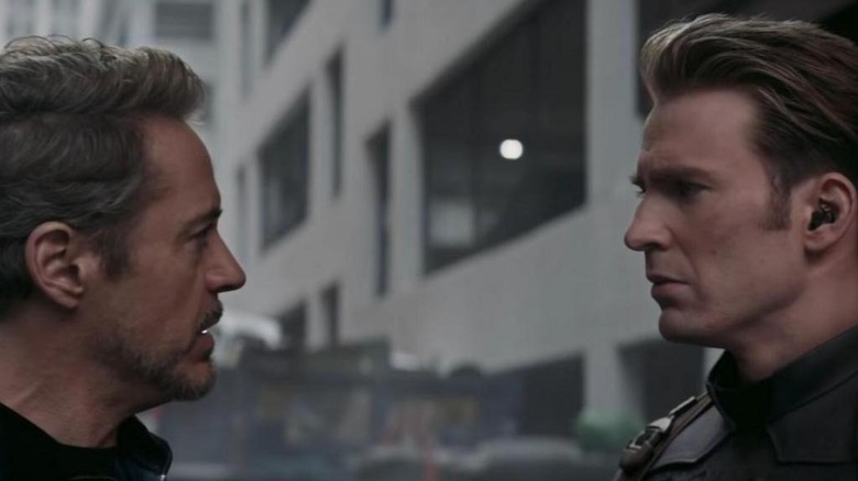 Tony Stark staring intently at Steve Rogers in Avengers: Endgame (2019)