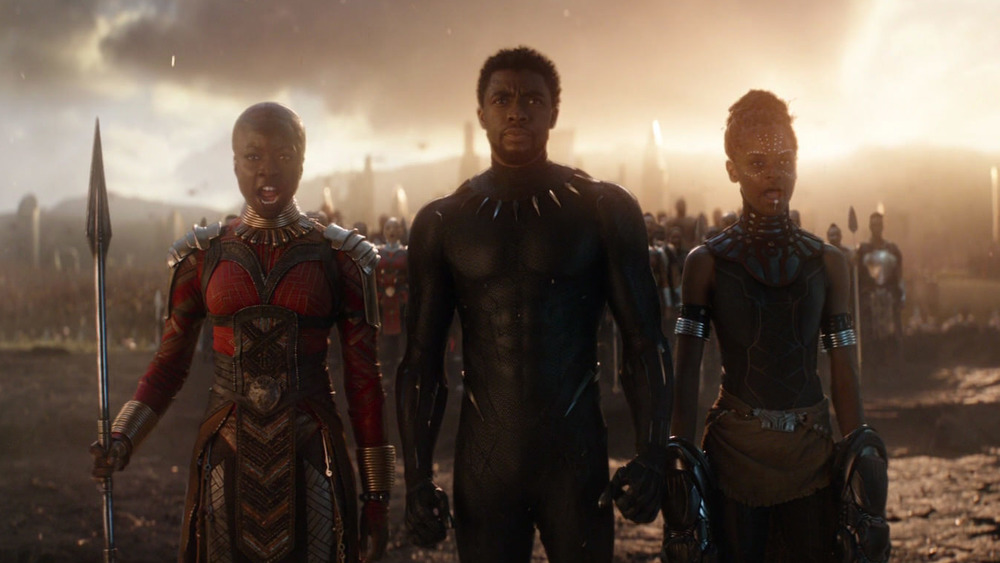 Danai Gurira, Chadwick Boseman, and Letitia Wright in Avengers: Endgame