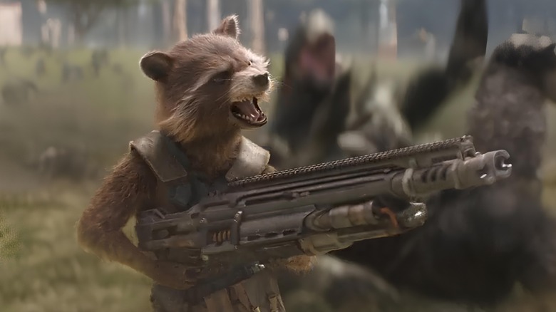 Rocket shouting and holding a gun