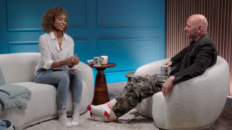 Dana White sitting for an interview with ESPN's Sage Steele on a set