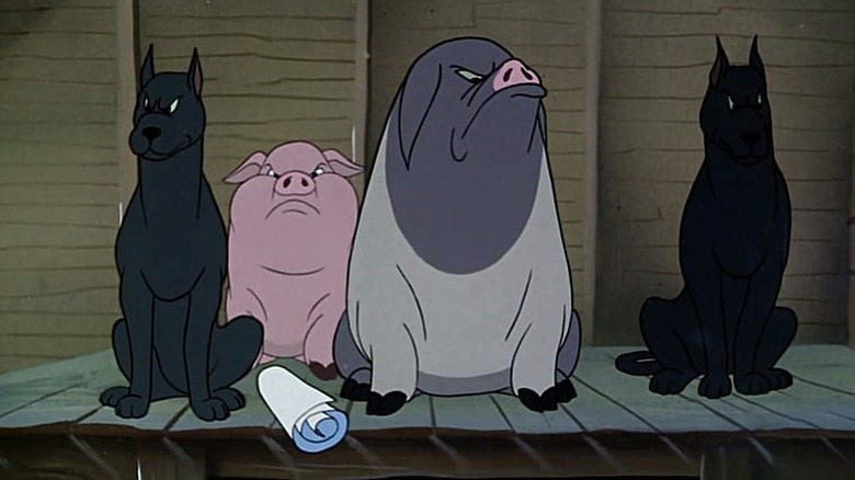 Two cartoon pigs flanked by dobermans