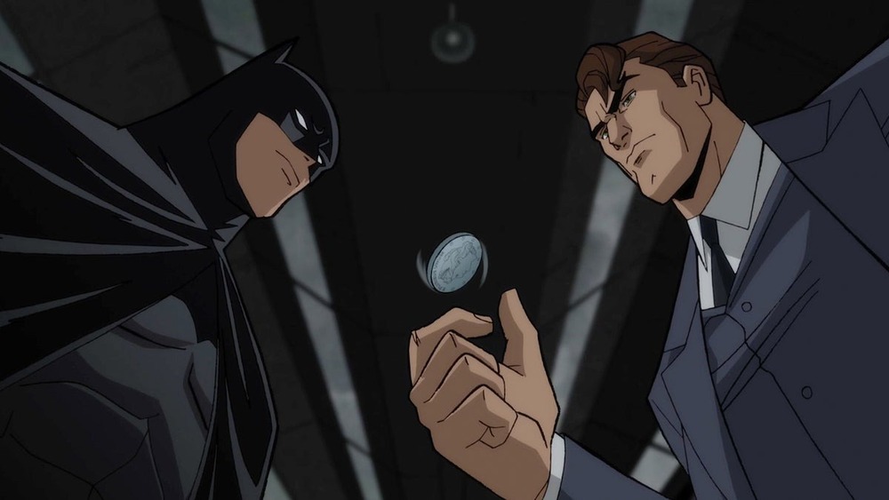 Batman and Harvey Dent flip a coin in Batman: The Long Halloween