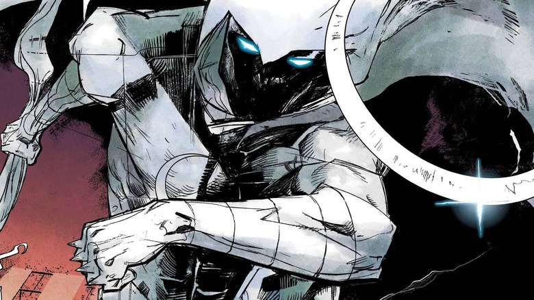 Moon Knight swinging between buildings