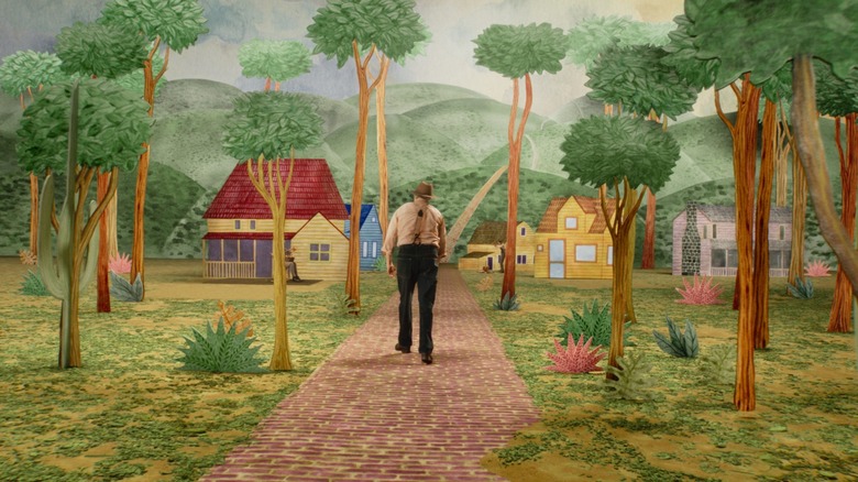 Beau walking through an animated village 