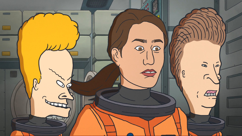 Beavis, Butt-Head, and Serena walking to shuttle