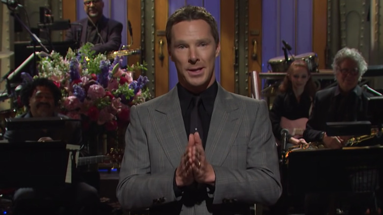 Benedict cumberbatch talking with hands clasped on saturday night live