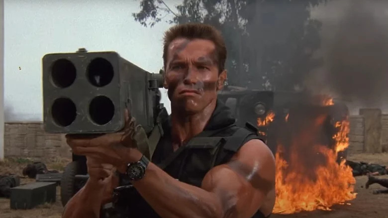 Arnold Schwarzenegger with rocket launcher