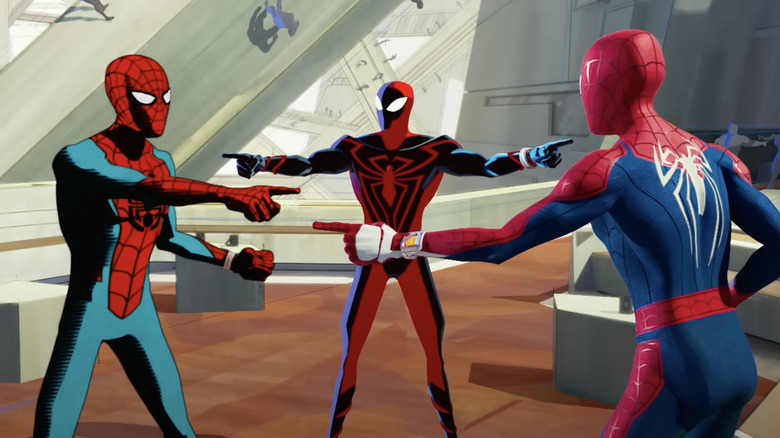 Spider-Men pointing at each other