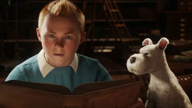 Tintin and Snowy in library