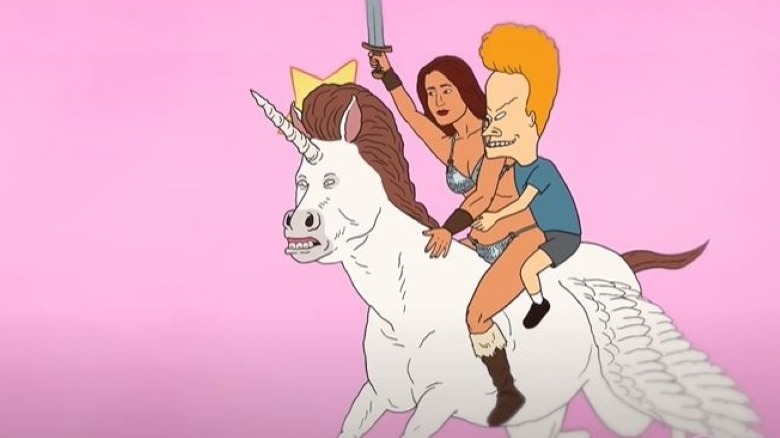 Beavis riding a Butt-Head unicorn