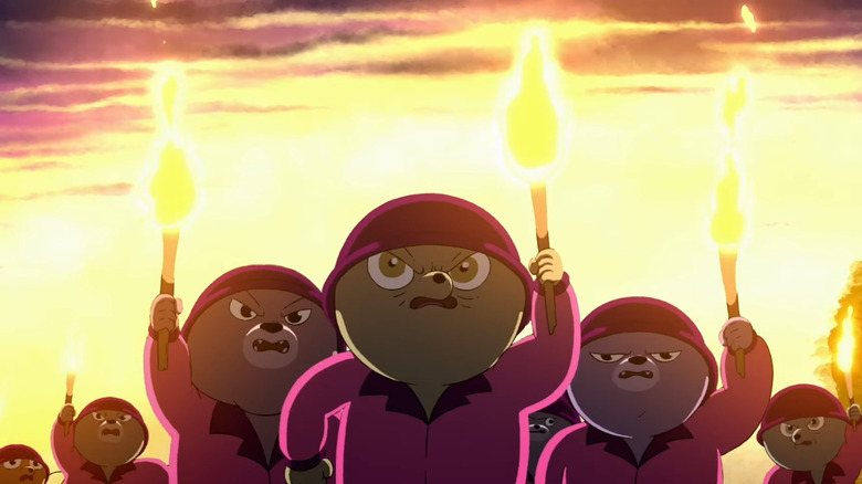 Teddy bear army holding torches