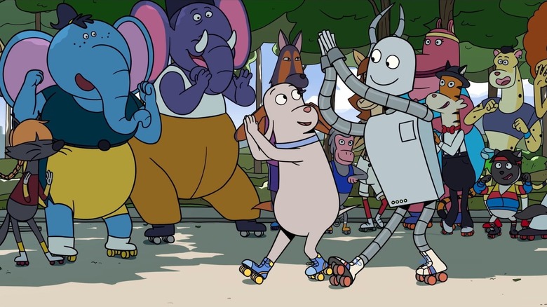 Robot, Dog and other animals on roller skates in "Robot Dreams" (2023)