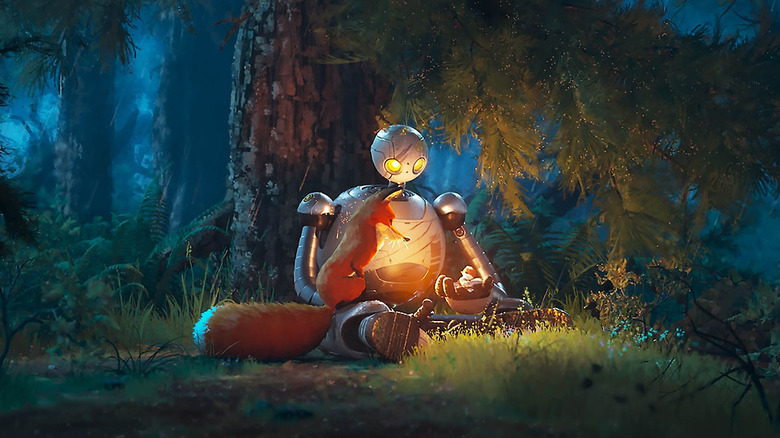 Roz sits under a free with Fink and Brightbill in "The Wild Robot" (2024)