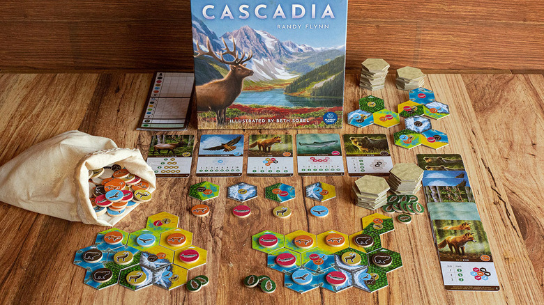 cascadia board game box and pieces