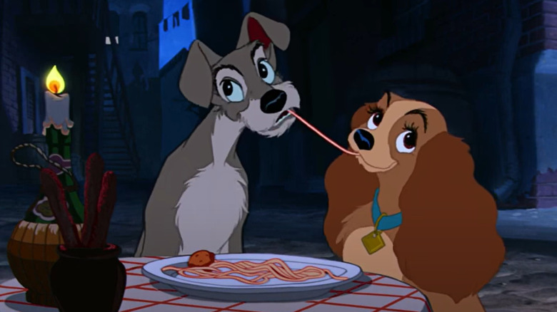 Tramp and Lady eat spaghetti