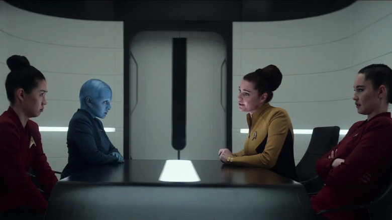 Number One and Noonien-Singh interrogate the ensigns