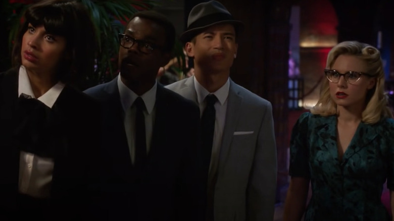 Tahani, Chidi, Jason, and Eleanor in disguise in "Rhonda, Diana, Jake, and Trent"