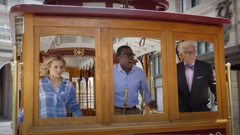 Eleanor, Chidi, and Michael act out the famous thought experiment in "The Trolley Problem"