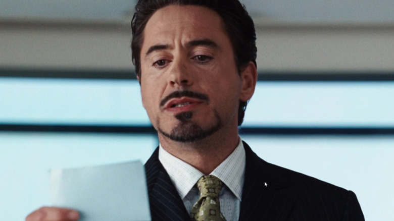 Tony Stark reads from cue card