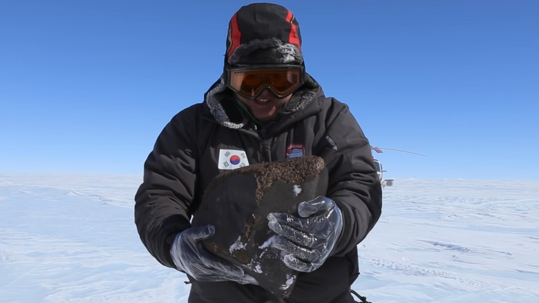 Scientist holding meteorite