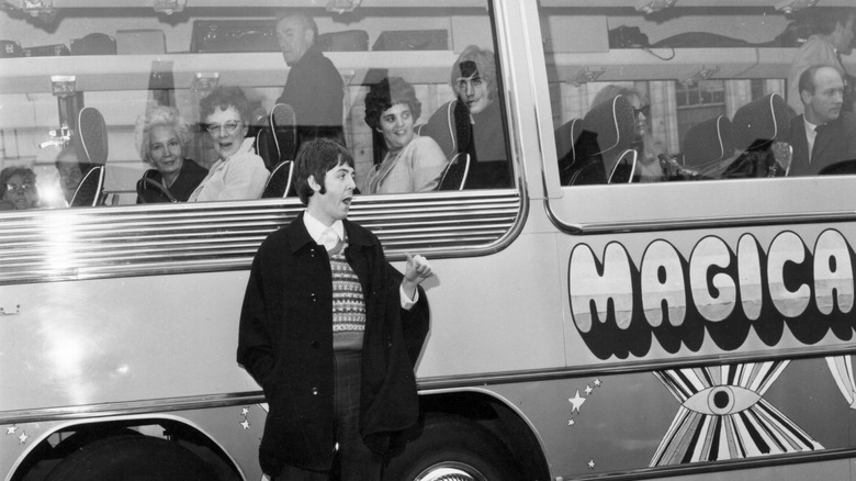 Paul McCartney outside the Magical Mystery Tour bus