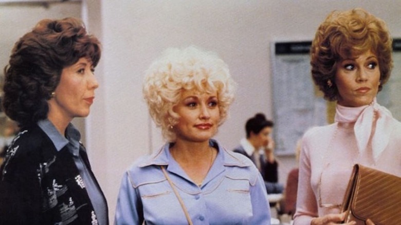 Dolly Parton, Lily Tomlin, and Jane Fonda all looking away