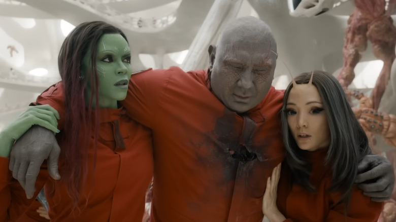 Gamora and Mantis supporting Drax