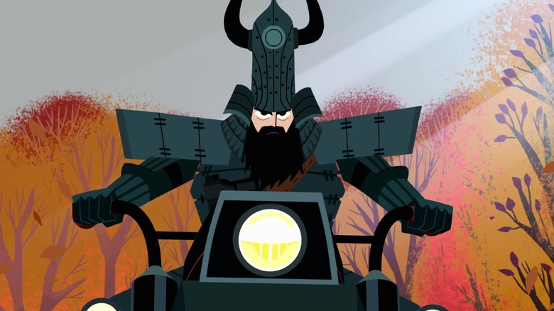 Armored Samurai Jack riding motorcycle