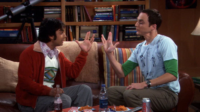 Raj and Sheldon making Spock hands