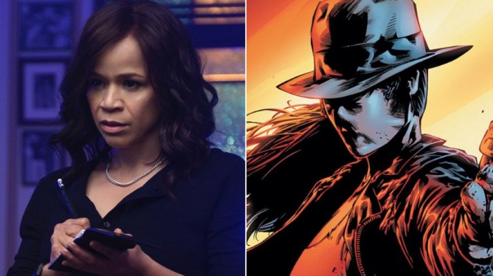 Split image of Rosie Perez as Renee Montoya and The Question from the comics