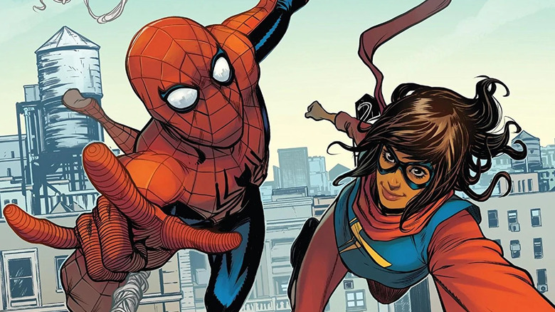 Kamala and Spider-Man swinging 