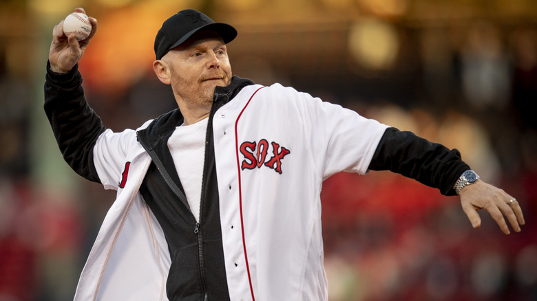 Bill Burr throwing a pitch during a Red Sox game