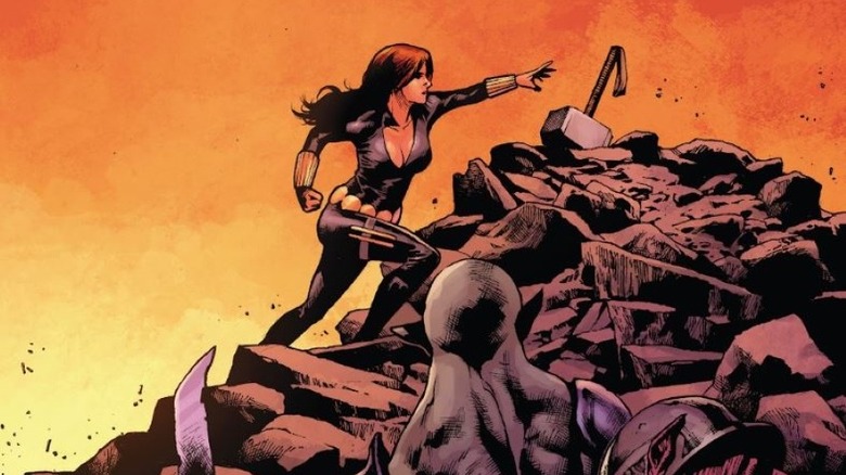 Black Widow reaching for Mjolnir