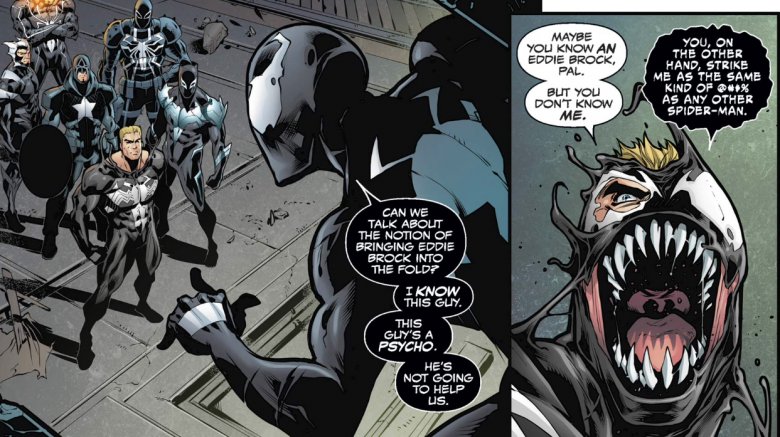 Eddie Brock and an alternate universe Peter Parker arguing in 2017's Venomverse #1