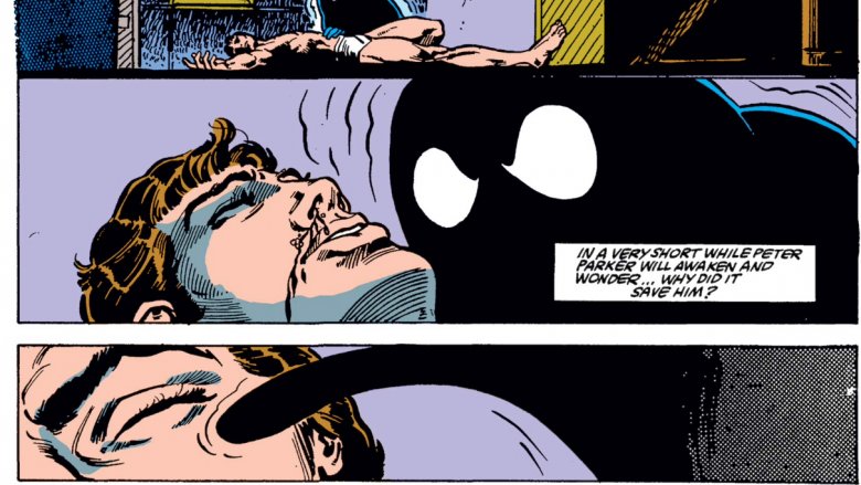 The Venom symbiote leaving Parker in peace in 1985's Web of Spider-Man #1