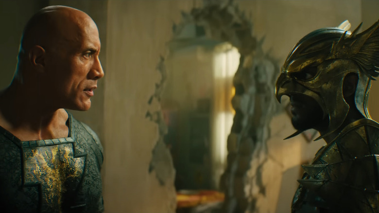 Black Adam and Hawkman stare down