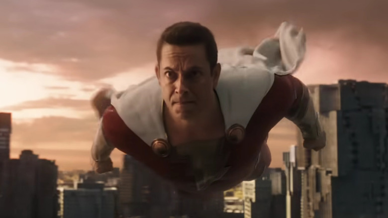 Shazam flying through city