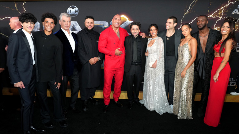 Bodhi Sabongui, Jalon Christian, Pierce Brosnan, Mohammed Amer, Dwayne "The Rock" Johnson, Odelya Halevi, Noah Centineo, Quintessa Swindell, Aldis Hodge, and Sarah Shahi attend "Black Adam" premiere