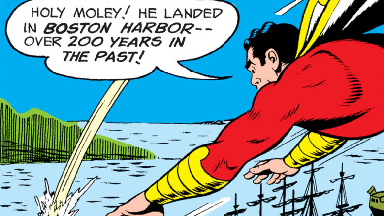 Captain Marvel watches Black Adam fall into water