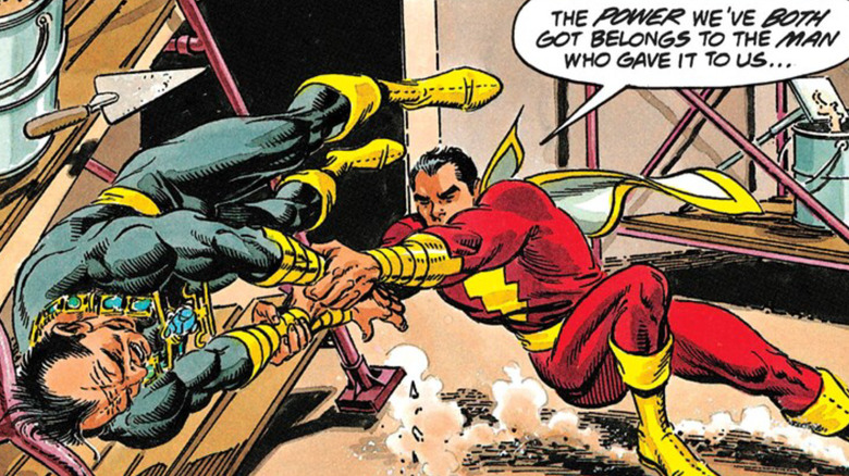 Captain Marvel throws Black Adam against a shelf