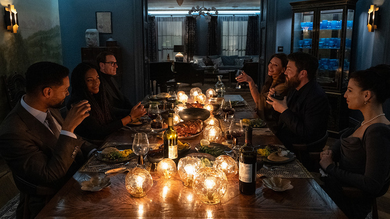 James Stokes, Zoe Vaughn, George Woodhouse, Kathryn St. Jean, Freddie Smalls, and Clarissa Dubose sitting at dinner table