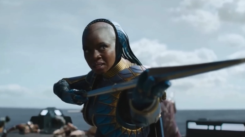 Okoye pointing a spear