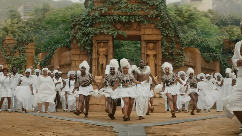 Wakandan dancers dancing