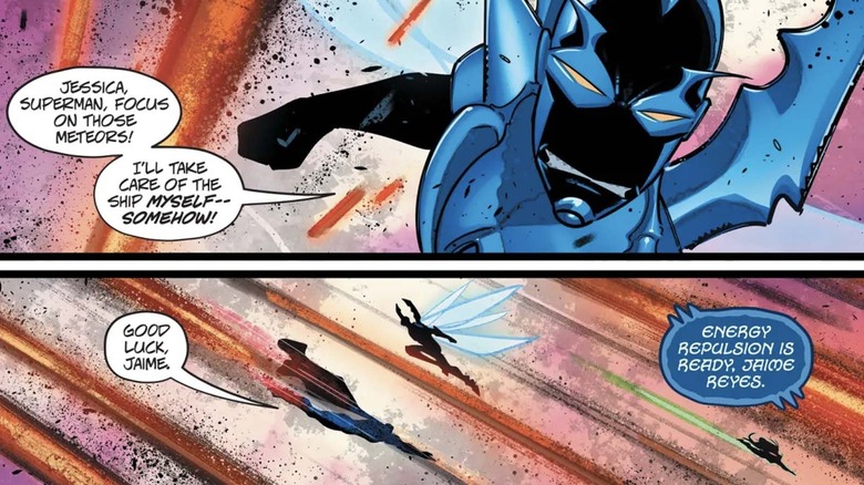 Blue Beetle commanding the Justice League