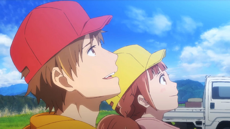 Characters in red and yellow baseball hats in Blue Thermal