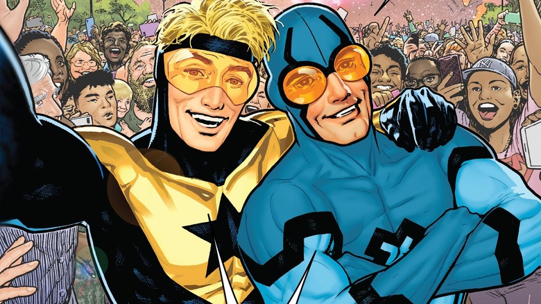 Booster Gold taking a selfie with Blue Beetle