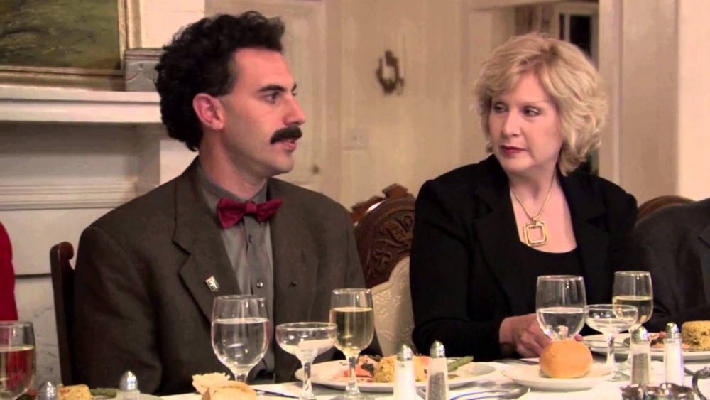 Sacha Baron Cohen at the dinner party scene in Borat