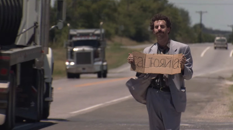 Borat trying to hitchhike to California