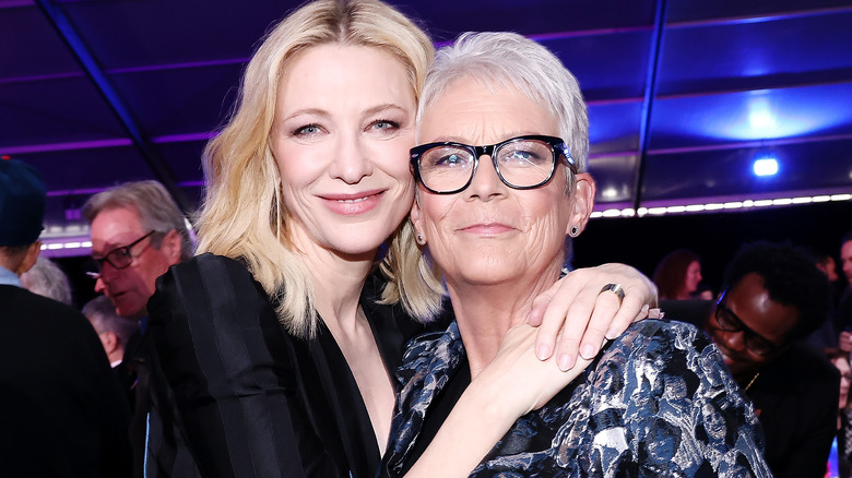 Cate Blanchett embracing Jamie Lee Curtis