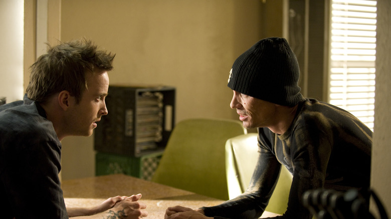 Charles Baker and Aaron Paul as Skinny Pete and Jesse talking